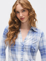 Plaid Johnny Collar Button-Front Blouse