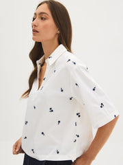 Cotton-Blend Floral Embroidered Blouse
