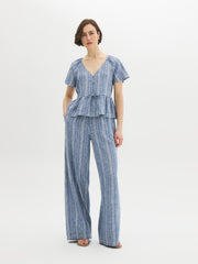 Linen-Blend Striped Peplum Blouse
