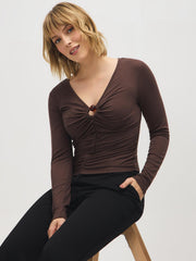Ruched Keyhole V-Neck Top