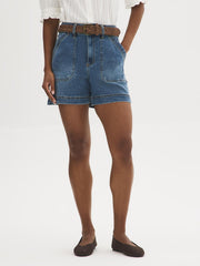 Cotton-Blend Belted Denim Shorts