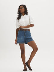 Cotton-Blend Belted Denim Shorts