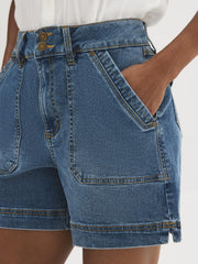 Cotton-Blend Belted Denim Shorts