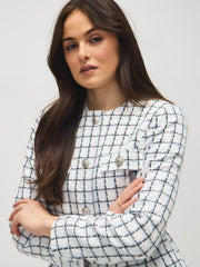 Collarless Belted Boucle Blazer