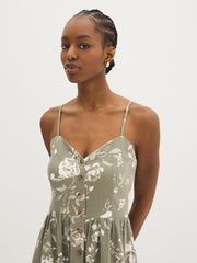 Linen-Blend Floral Midi Dress