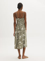 Linen-Blend Floral Midi Dress