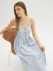 Linen-Blend Striped Midi Dress