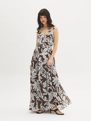 Leaf Print Chiffon Maxi Dress