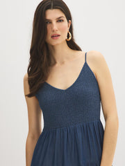 Smocked Tiered Denim Midi Dress
