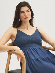Smocked Tiered Denim Midi Dress