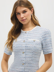 Short Sleeve Button-Front Boucle Dress