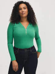 Zipper V-Neck Ribbed Top