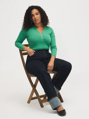 Zipper V-Neck Ribbed Top