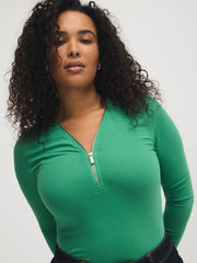 Zipper V-Neck Ribbed Top