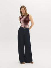 Striped Boat Neck Button-Front Top