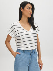 Striped V-Neck Dolman Sleeve T-Shirt