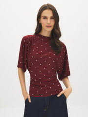 Polka Dot Funnel Neck Kimono Sleeve Top