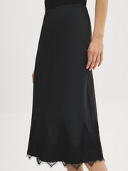 Lace Trim Satin-Like Midi Skirt