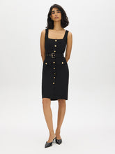 Belted Crepe Dress with Button Detail