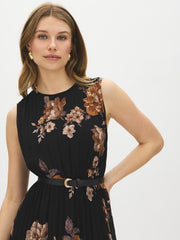 Sleeveless Floral Belted Midi Dress