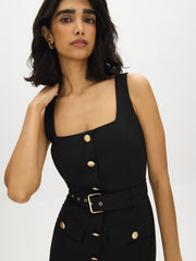 Belted Crepe Dress with Button Detail