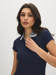 Open Collar Ribbed Knit Top