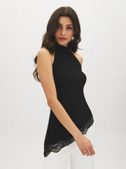 Mock Neck Halter Lace Trim Top
