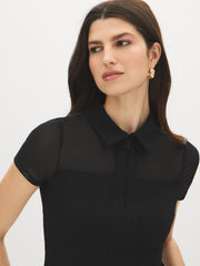 Mesh Yoke Open Collar Top