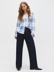 Plaid Johnny Collar Button-Front Blouse