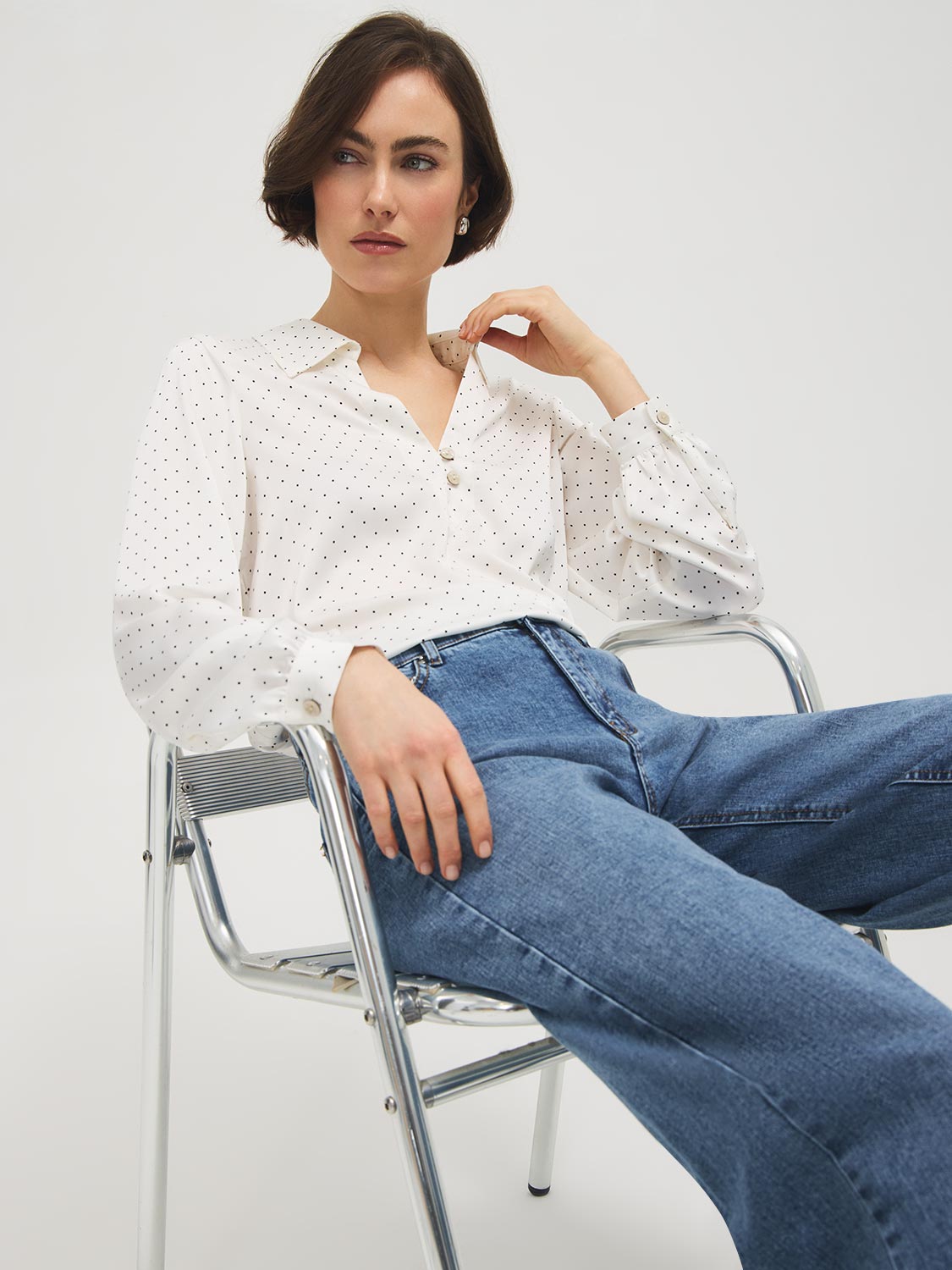 Polka Dot Split Collar Satin Blouse