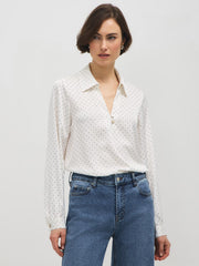 Polka Dot Split Collar Satin Blouse