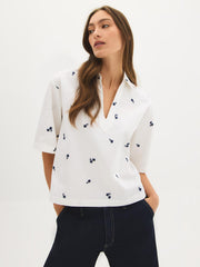 Cotton-Blend Floral Embroidered Blouse