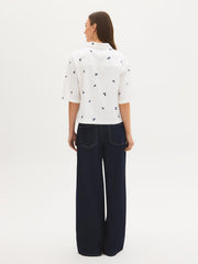 Cotton-Blend Floral Embroidered Blouse