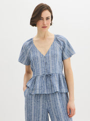 Linen-Blend Striped Peplum Blouse