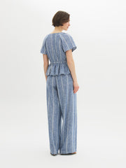 Linen-Blend Striped Peplum Blouse