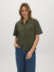 Linen-Blend Short Sleeve Blouse