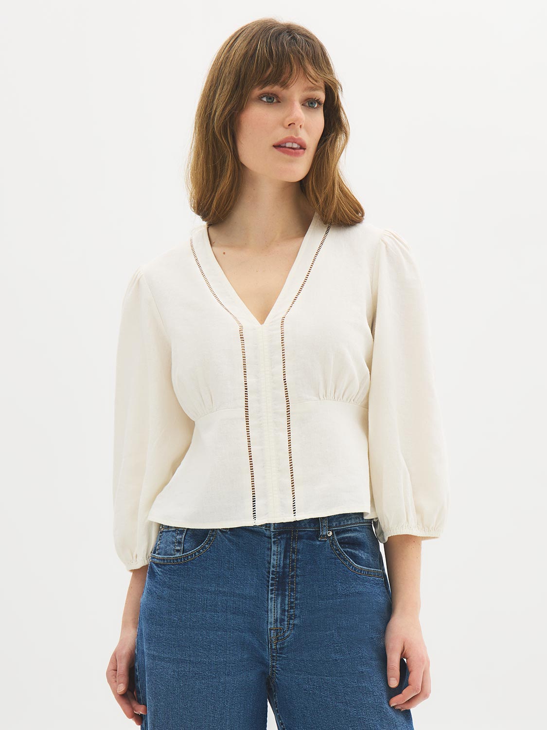 Linen-Blend Empire Waist Blouse
