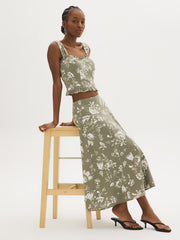 Floral Linen-Blend Panel Skirt
