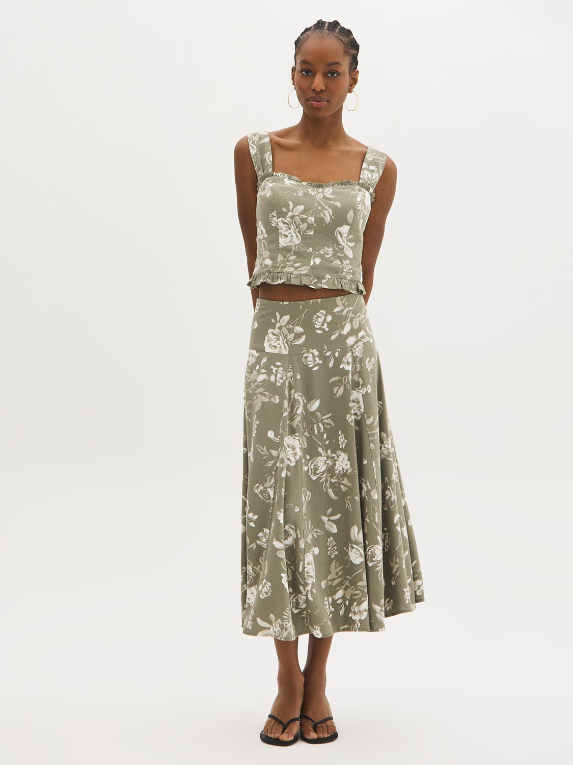 Floral Linen-Blend Panel Skirt