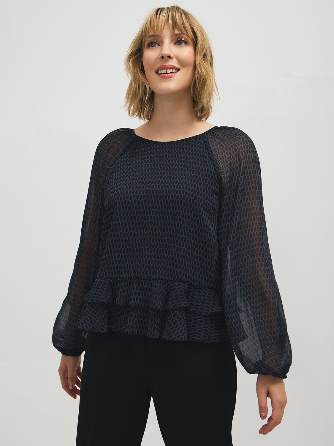 Geo Print Ruffle Hem Blouse