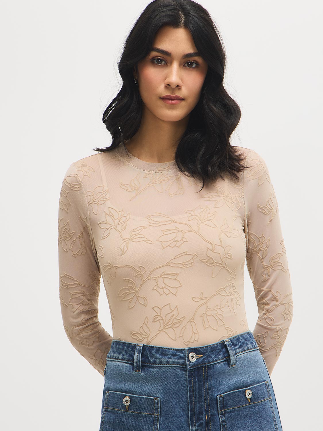 Floral Tonal Mesh Top