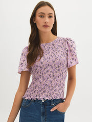 Cotton Ditsy Print Smocked Top