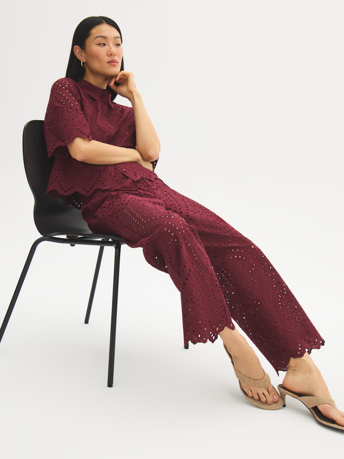 Cotton Eyelet Wide-Leg Pants