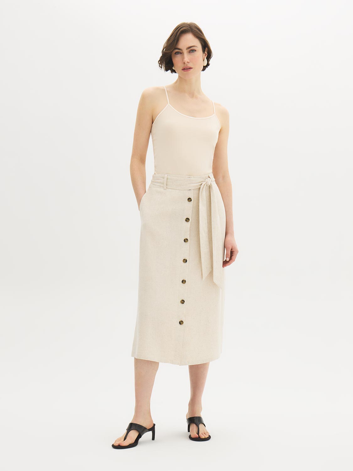 Linen-Blend Button-Front Midi Skirt