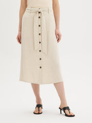 Linen-Blend Button-Front Midi Skirt
