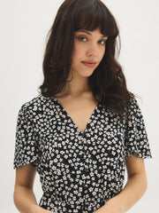 Ditsy Print V-Neck Midi Dress