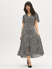 Ditsy Print V-Neck Midi Dress