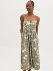 Linen-Blend Floral Midi Dress