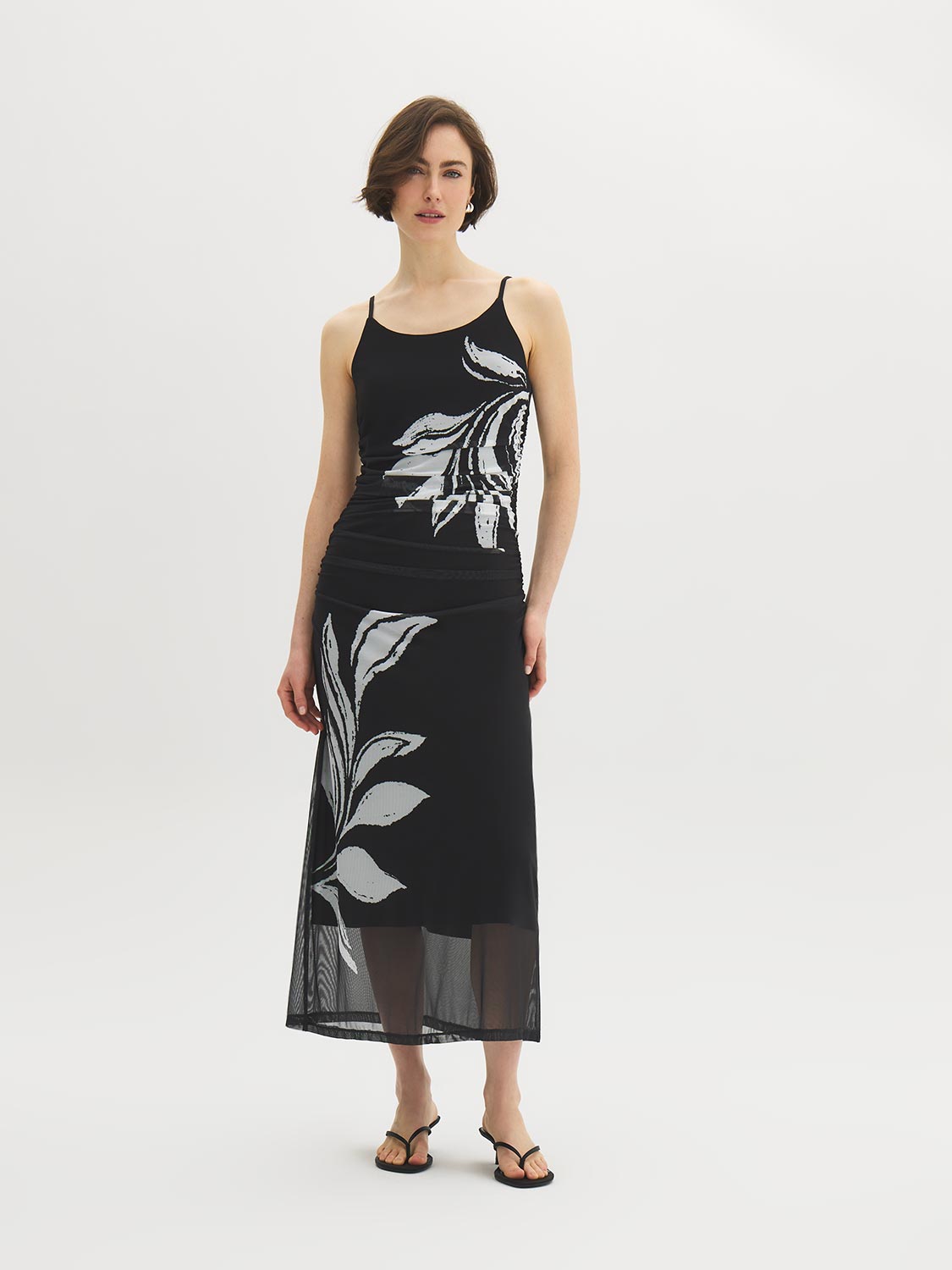 Leaf Print Mesh Midi Dress