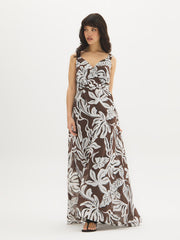 Leaf Print Chiffon Maxi Dress